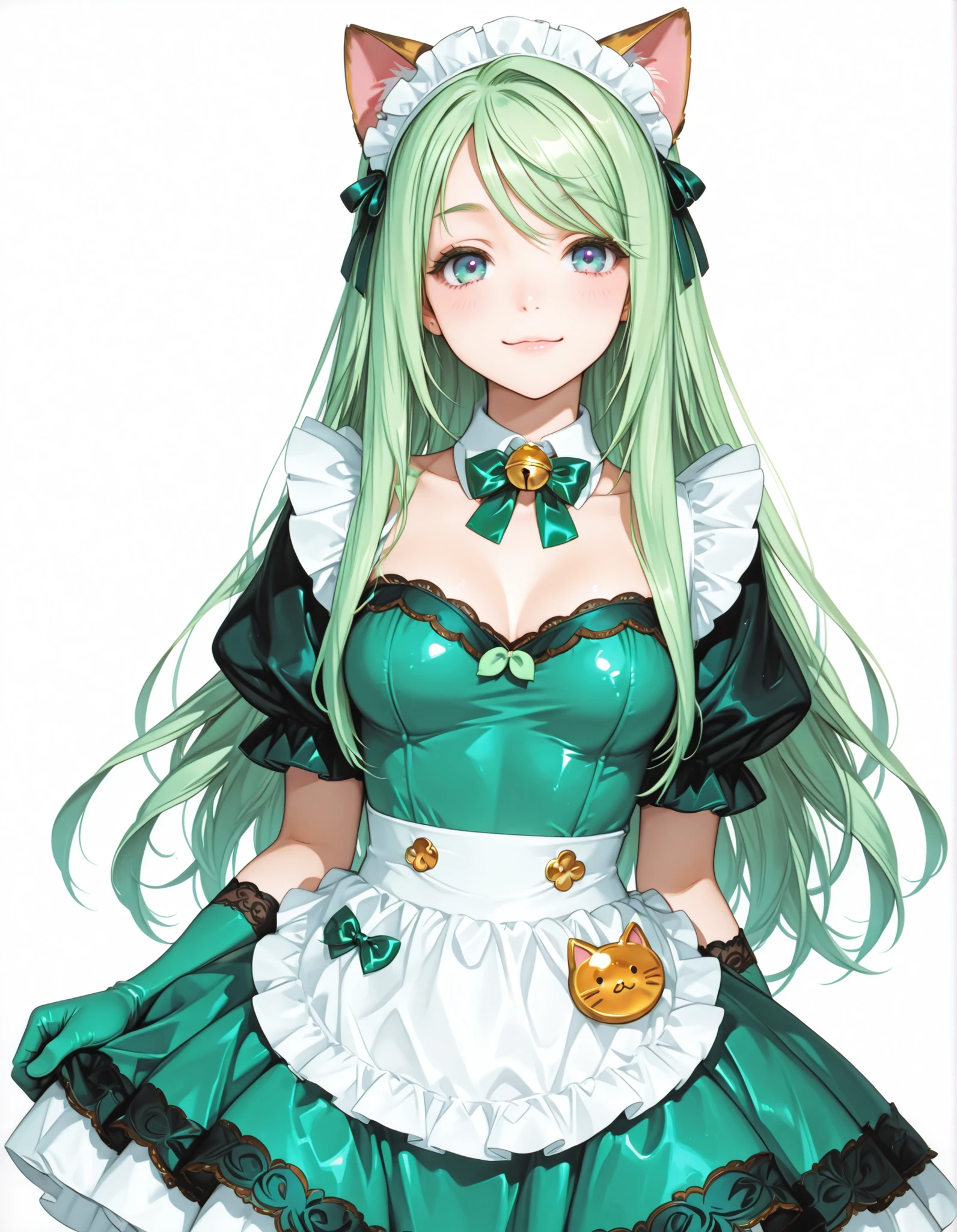 Cat Ear Maid,mint green and brown mini maid dress, Lime Green Hair, Lime green bow tie,LIME GREEN GLOVES,I'm looking here,tilt your neck slightly and smile
