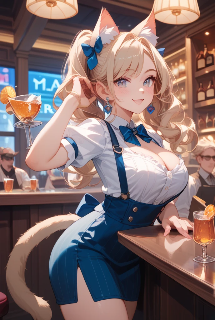Masterpiece,best quality, realistic art,Kousaka honoka, blue eyes, shirt leotard, pantyhose,red necktie, breasts,long hair , twintails , rabbit ears,in bar
