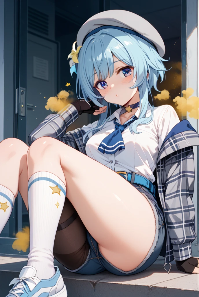 NSFW, masterpiece, top-quality, The ultra -The high-definition, Top resolution, ighly detailed, profetional lighting、Pale colors、pretty skin、A slender, a very cute, Young face, slightly small breast、1girl, hairarmpits, red blush, the bow, breastsout, embarrassed from, crying how bright、tears、Women's Focus, frombelow, glutes, Hair bow, hair adornments, lifted by self, length hair, Look at viewers, student clothes、naked shirts, a navel, Silvery hair, a purple eye, see -through, white shirt, Transparent panties、独奏, sitting down on the floor、opening legs、(Raise both legs:1.1)、drops of sweat, Bottom、The areol、up shirt、Night School Classroom、 --auto