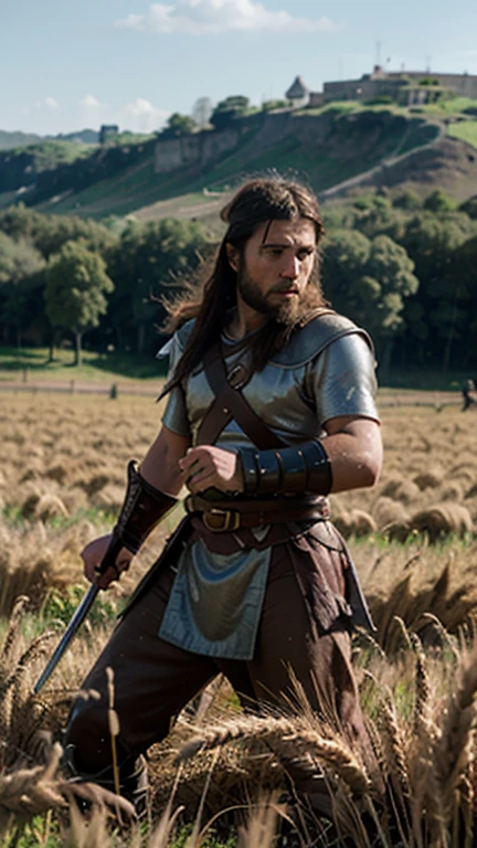 A human warrior man, 6'4 , approximately 209lb, slender body, with brown eyes, long and tied hair, no beard, a big scar on his face, wearing a beautiful silver armor, with a symbol on the armor of a lion, a red cloth tied to his right arm, holding a sword like his two hands, shining sword with blood running down, smiling. He striking a pose, with a forest in the background.
