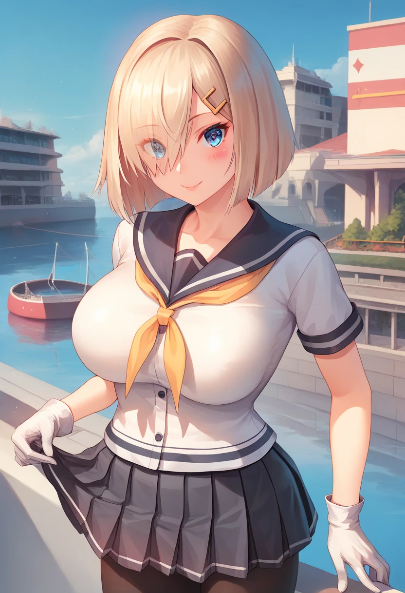 8k quality, Japanese , white sailor suit, black skirt, shy, sexy, clean body, blonde hair, massive breasts, shy, short hair, lies, arched, chubby, wide hips, smiling, Skirt Lift、Self Lift、panties、lingerie、Outdoor、