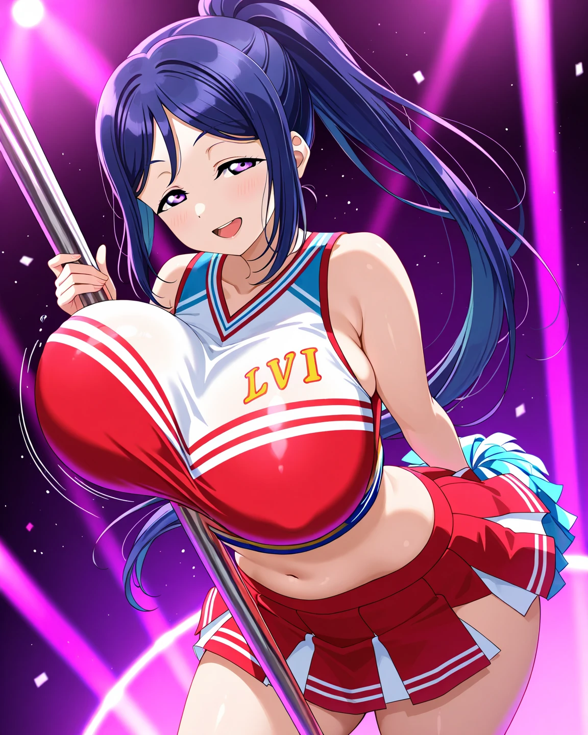 (nsfw:1),masterpiece,ultra detailed,curvy body,ecchi realistic anime style,mature woman,big breasts,dynamically cheerleading,black hair,wavy hair,white cheer costume,short skirt,pink light,dark room,bedroom,string-only thong,biting lip,flying heart-shapes,armpit hair,pubic hair,suffering,wetty pussy