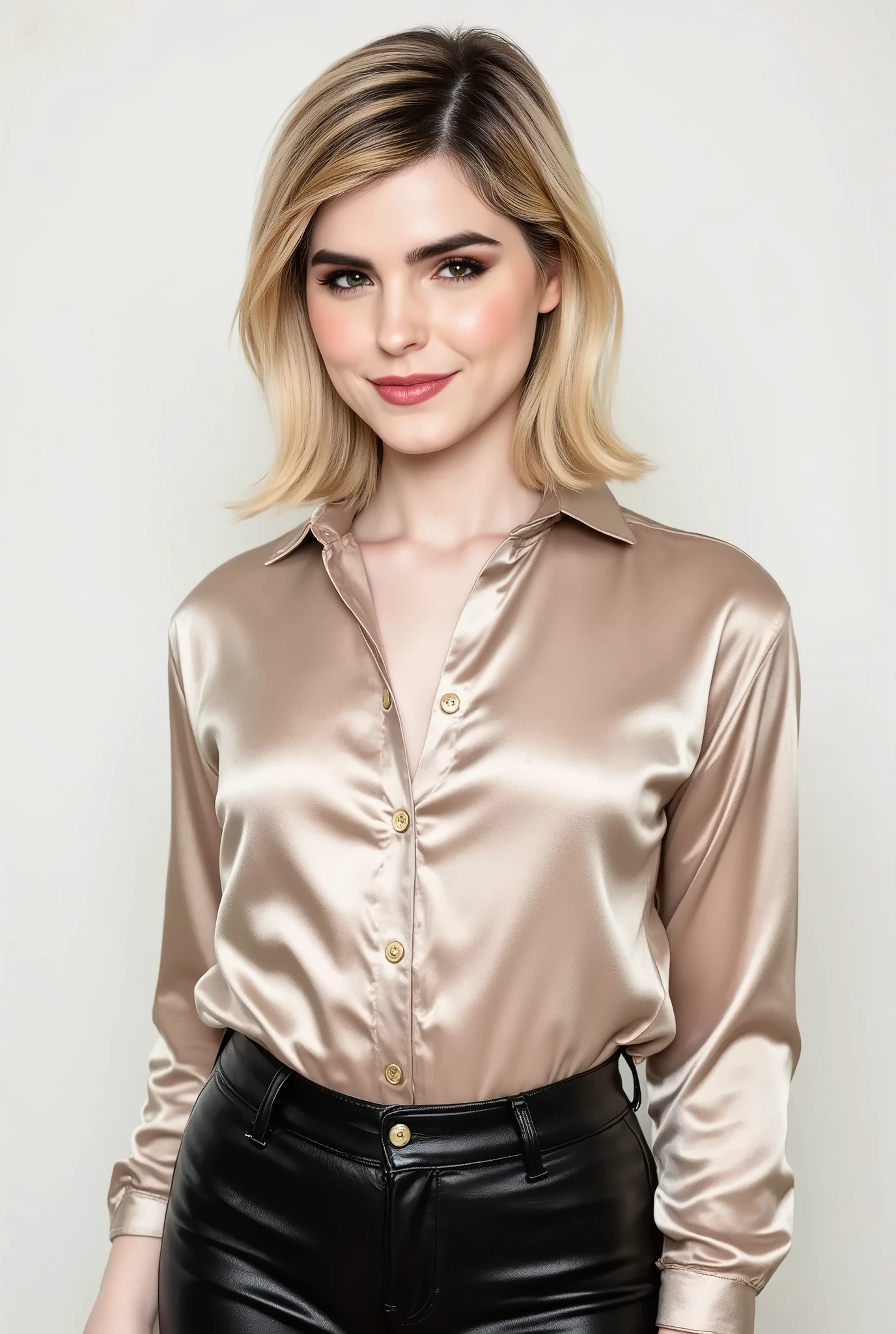 arafed woman, instagram model with a shiny satin button down shirt, black leather pants, smiling, happy, white studio background