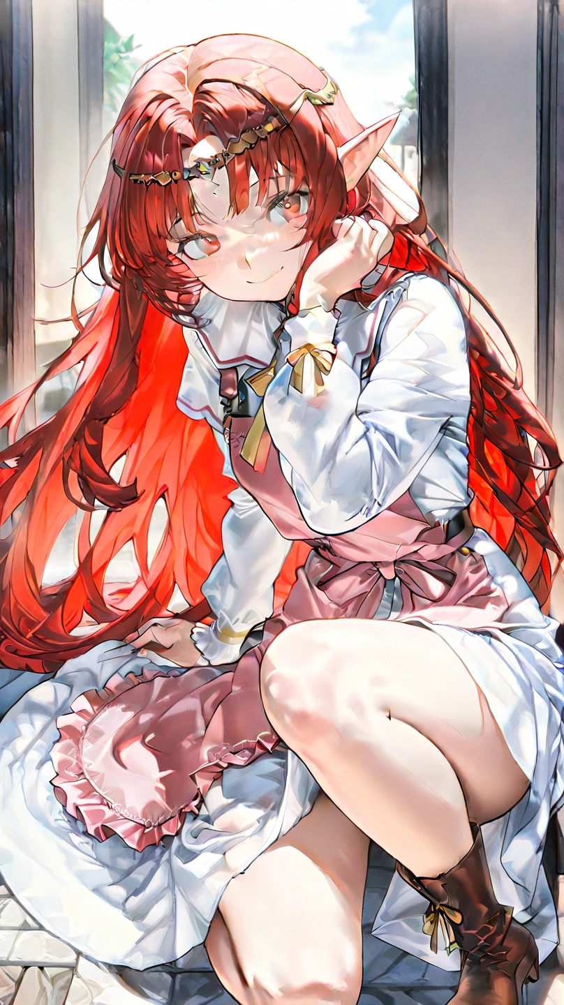 One girl、Red Hair、Ribbon decoration on head、blue eyes、Bloomers at school、Woman wearing white maja at home