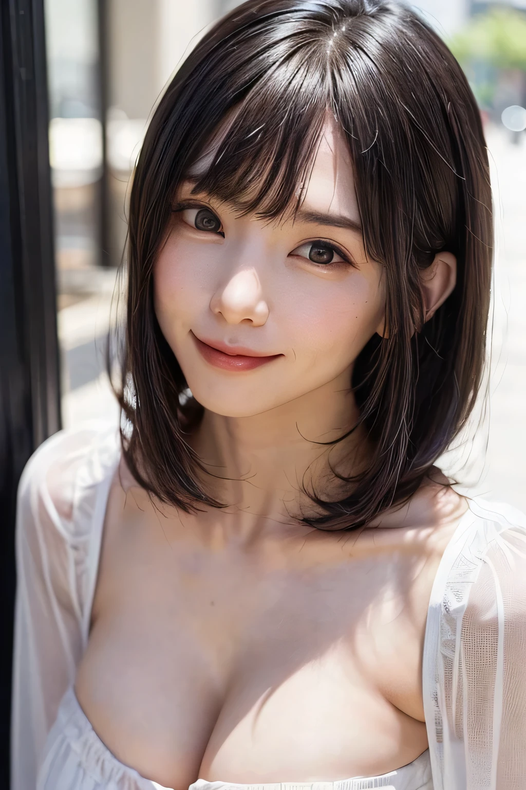 ​masterpiece, 1Beautifulwoman, A detailed eye, Slightly bigger eyes, top-quality, 超hight resolution, (现实: 1.4), OriginalPhotographs, Cinematographic lighting, japanes, Asian Beauty, very extremely beautiful, Beautiful skins, Thin, Front-facing body, (超realisitic), (hight resolution), (8 K), (ighly detailed), (美しくA detailed eye), (ultra-detailliert), A detailed face, looking at the viewers, Facing straight ahead, Neat Clothing、Brunette Short Bob Hair、Lustrous hair、46ポイント斜めbangss、自然のtree-lined streetエース フォーカス、Very eye focus、Head tilt、Very chest focus、underboob、mid-riff peak、hyper realisitic、Photorealistic、masutepiece:1.4, top-quality:1.4、Add intense highlights to the eyes:1.4、Shiny brunette short bob hair:1.4 ),1girl in, 独奏, short dark hair, scarf, Hats,, realisitic, looking at the viewers, brown eyes of light color、 coat, Winter clothes, White headscarf, s lips, lipgloss:1.4，bangss,a closed mouth, The upper part of the body、big eye、Lashes、((Street))、((bangssのあるショートヘア:1.4、big eye、Put very strong highlights in your students、{Gigantic|Big|Huge|Mega} breasts, cleavage、very Bigger breasts、gazing at viewer、Very beautiful beauty、Put your ears out、long neck、little smiling、Close your mouth and smile)))、Beautiful woman full of charm:1.4、(Autumn leaves are blue without people or cars々tree-lined street)