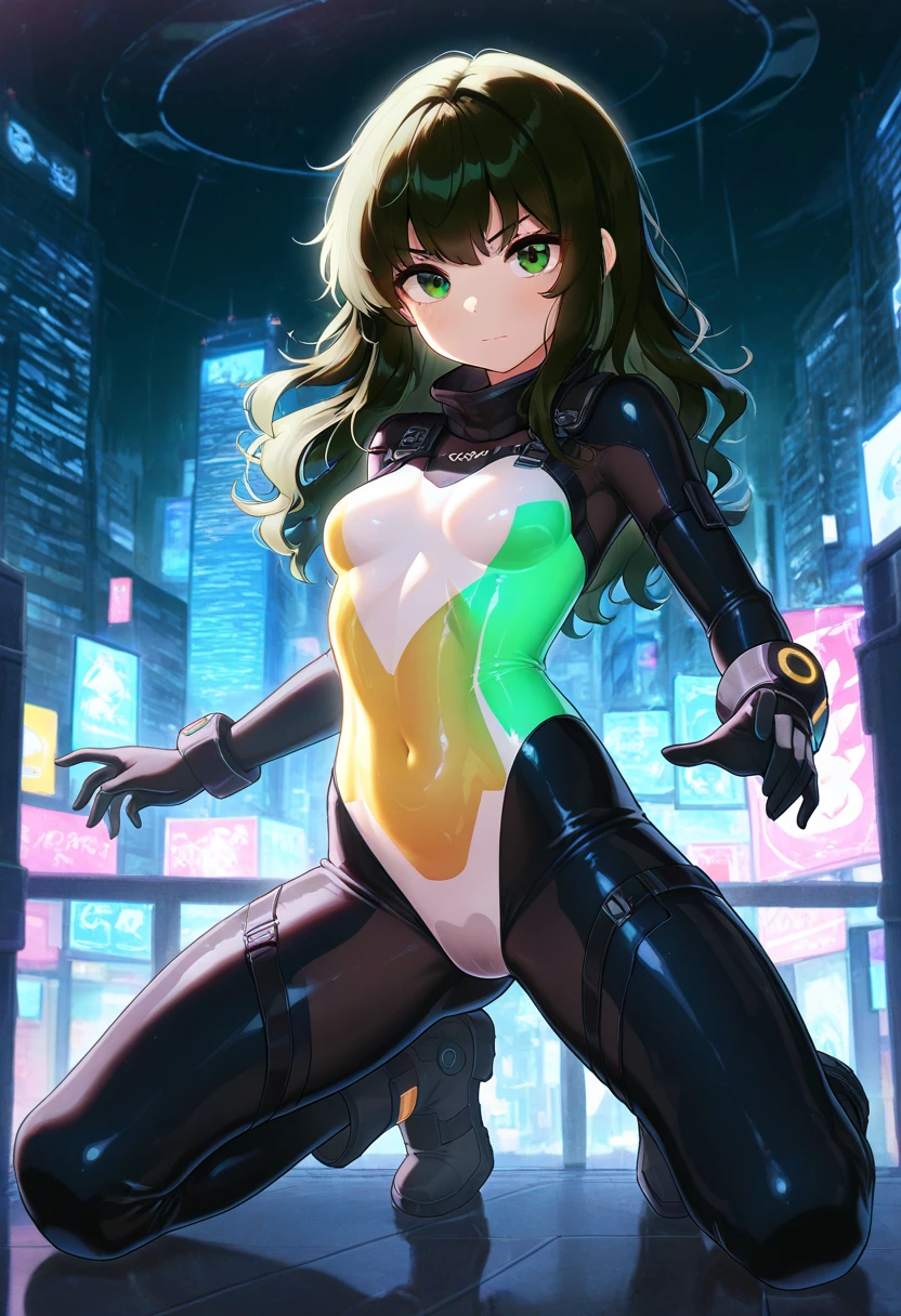 1teen_girl, kneeling with one hands on the ground solo, short hair, brown hair, short sleeves, (latex_bodysuit), robot ears, green eyes, short sleeves, short over long sleeves, bare_thighs,smile, in futuristic city, , high quality, medium_breasts,crotch, slouch,groin,dynamic_angle,open_legs,spread_legs,