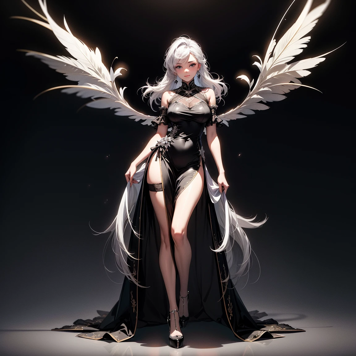((best quality)), ((masterpiece)), (detailed), perfect face, Character design, female, long black hair, wearing a black angelic dress with silver details, white eyes, small frame, very skinny, detailed, best quality, no accesoires around the neck, no shoes, prominent collarbones, skinny arms, flat stomach, visible hip bones, full body, fangs, pale skin, angelic