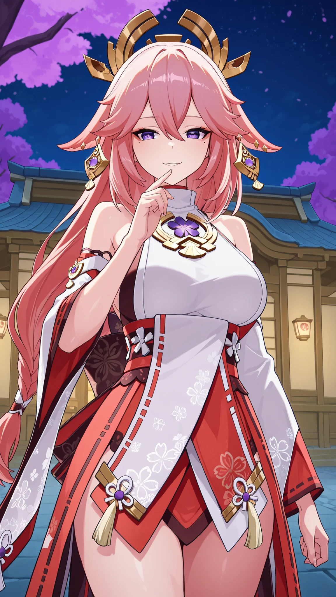 Behind a japonese cherry tree and house japanese , Masterpiece, HD, 8k, 1girl, Yae Miko, standing, (genshin impact), purple hair, braided ponytail, braid, purple eyes, mole under eye, large breasts, standing, funny smiled expression, frontal view, , solo, very beauty, night, down of cherry flowers, united hand