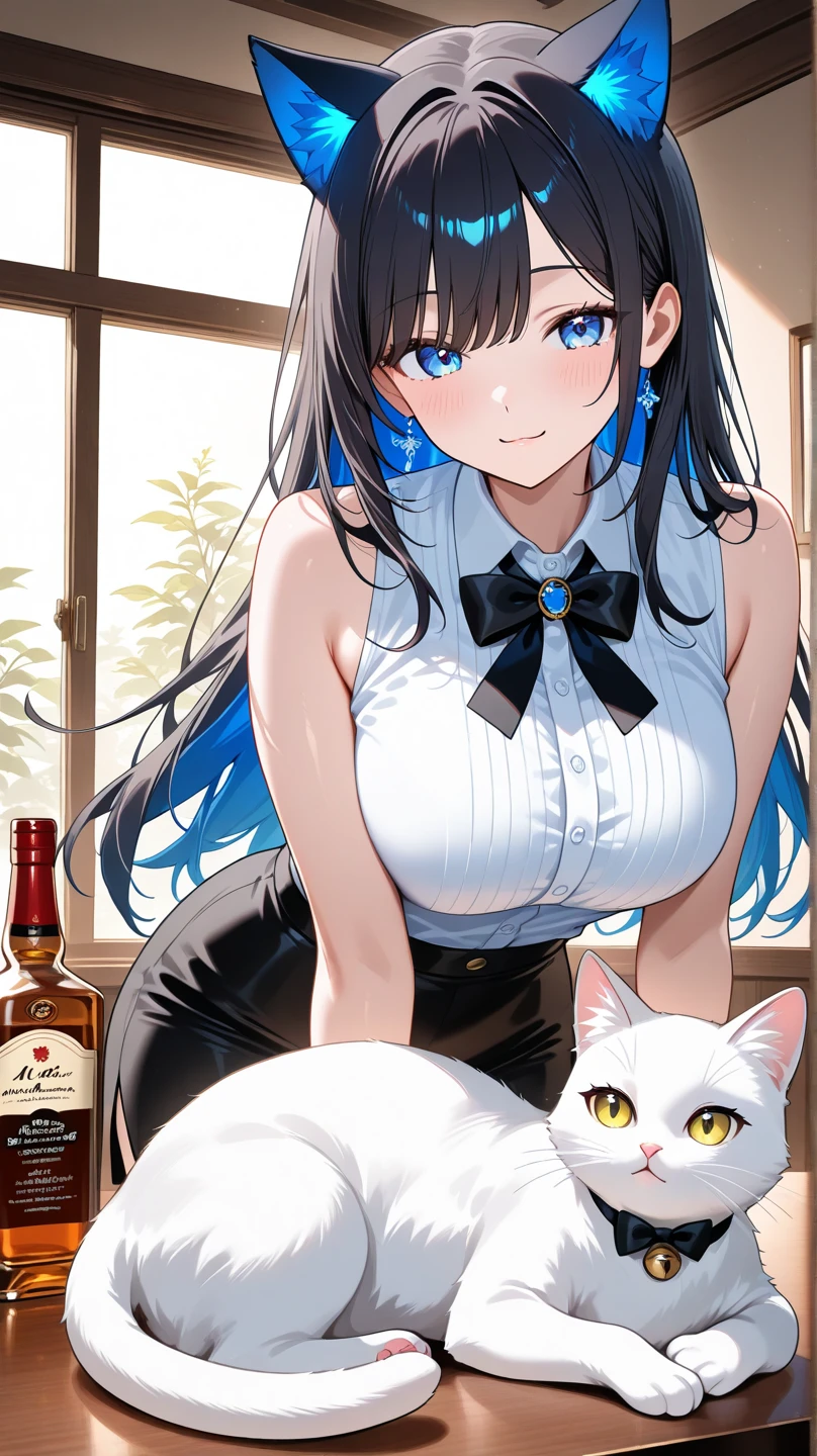 cat, Cleavage、upper body、(pale skin: 1.2), shiny skin, shiny hair、(A 25-year-old woman with medium-length hair and bangs) and (wavy hair) and (brown hair) and (orange eyes) , (white) and (off shoulder dress) 、opne mouth, (smile:1.2), The background is the interior of a cafe、Alone、Are standing