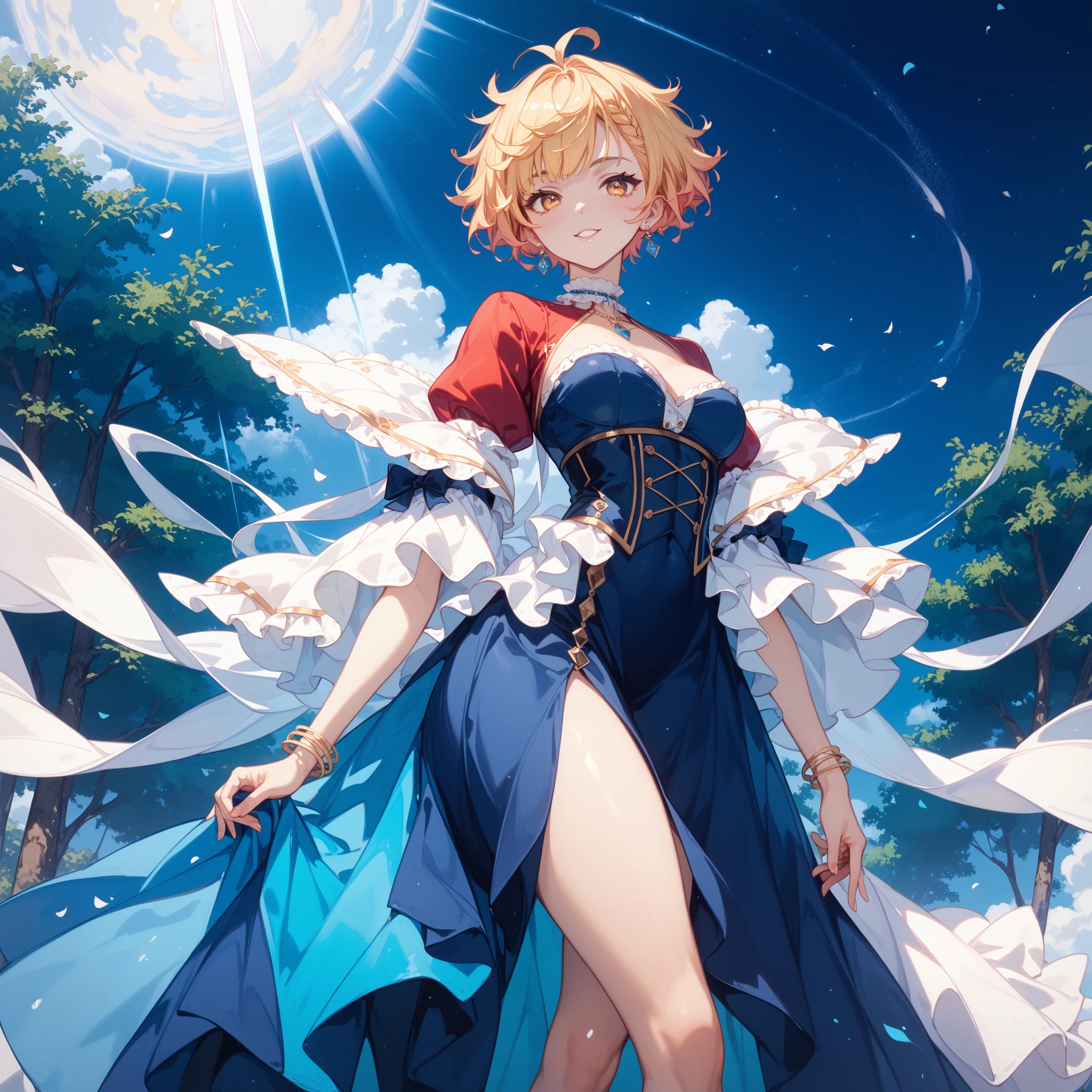 an anime illustration of the fantasy girl dressed in white and blue with the moon in the background, 1girl, arcueid brunestud, breasts, blonde hair, pantyhose, solo, dress, red eyes, gloves, short hair, detached sleeves, cleavage, open mouth, black gloves, bangs, black pantyhose, smile, arcueid