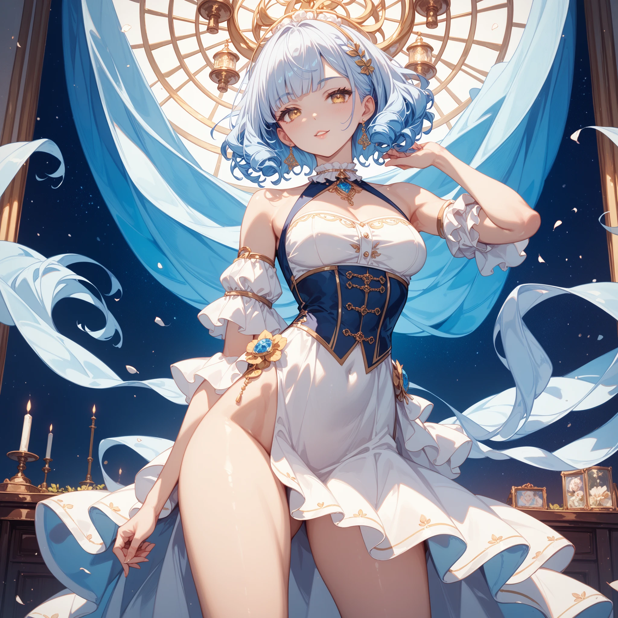 Anime illustration、Highest quality、Dancer's costume、Plump Gravure Idol、Perfect proportions,Sexy seductive pose,Bodysuits,Black gloves,Sandy beach at night,Blurred foreground,Big Breasts、Thick thighs、brown、Sweaty,Shiny Hair, Shiny skin,1000+ Favorite quality,Yellow Hair、blue eyes、