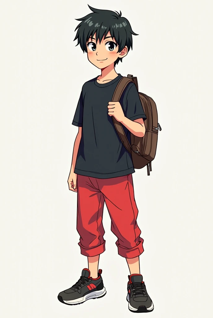 An anime teenager(naruto type) he is wearing a light blue t-shirt, beige cargo pants and blue, black and white air jordan sneakers, he has white skin and black hair and he is taking off his white boxer briefs with a relieved face