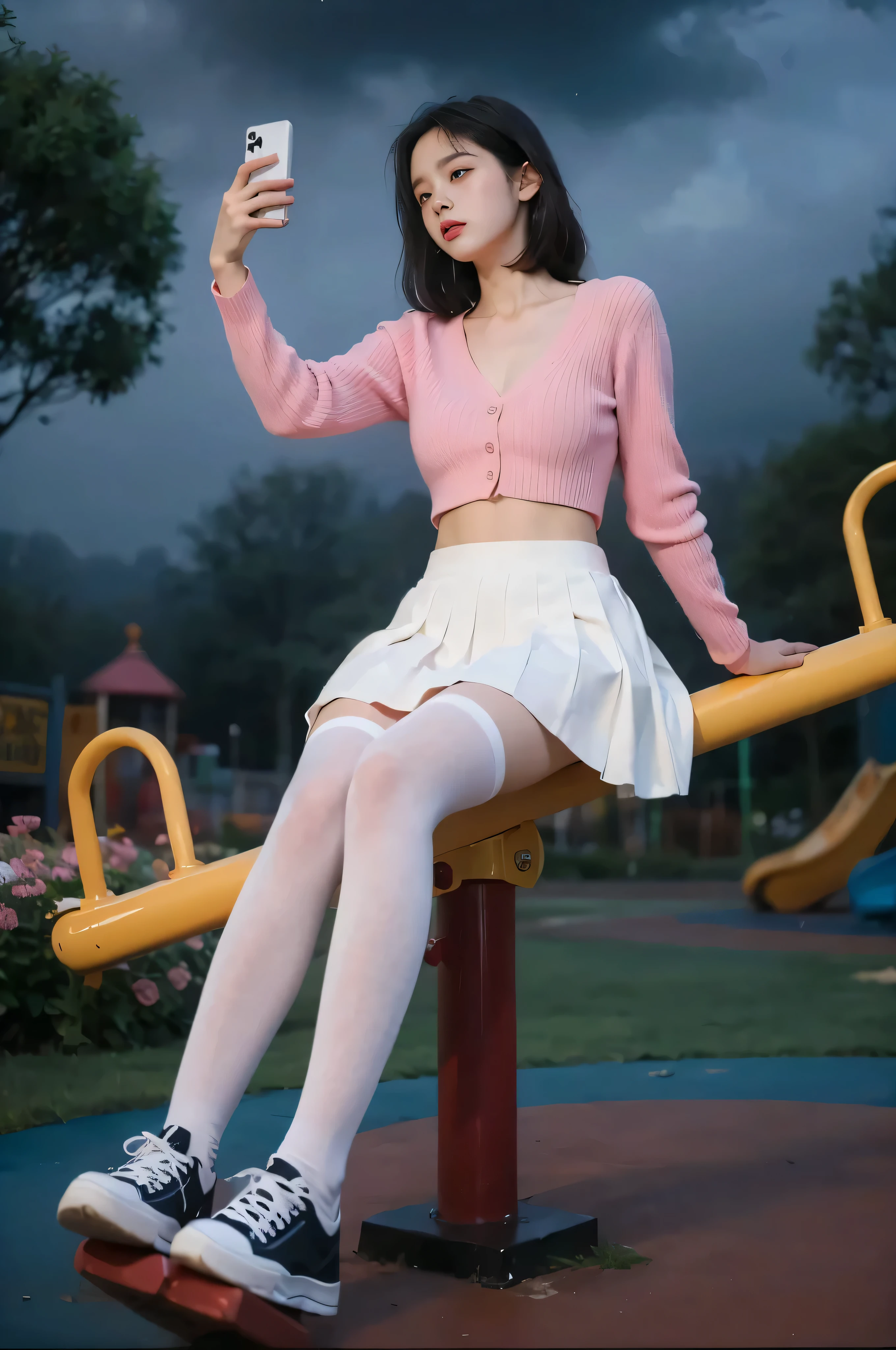 ((Best picture quality, 8K, tmasterpiece:1.3)), 1girll, Casual hairstyle, (off-shoulder blouse,Short pleated skirt:1.3),(wet see through clothes:1.4),Ultra-fine face, A detailed eye, 二重まぶた,(long leges:1.4),(athletic sneakers:1.3),Sit on your side on the sofa