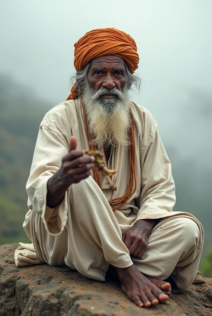The Brahmin returning home, standing alone outside his small hut, hands raised in prayer, pleading to Lord Ram for help.**