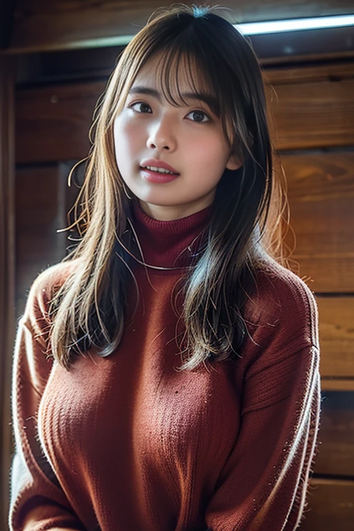 highest resolution, 4K, masterpiece: 1.3), japanese mature, sexy: 1.1, fine eyes, slender body shape, realistic teeth, double eyelid, whole body, highest quality, be familiar with, beauty, big breasts, ecstatic expression, lie in bed, wear a red knit sweater, serious expression