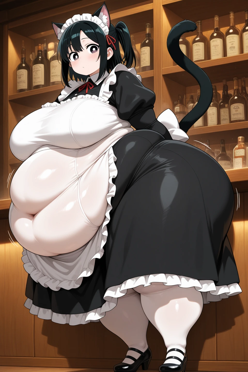 a beautiful women, (Elf Queen:1.4) sit on the throne,(neko maid clothes:1.8) , perfect face, full body, victorian era, noble dress, complicated decoration, spelling, talking, smiling, arms behind back, soft rim light, beautiful detailed sky, masterpiece, ultra high res, huge breasts, gigantic tits, big chest, big women, laughing