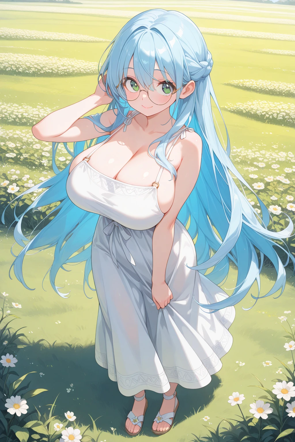 (masterpiece, highest resolution,highest quality ), 1 elven girl, ( bare breasts, thigh), (aqua hair, twin tails ,very long hair , floating hair ), full body, hand on hip ,hair between eyes, multi colored hair, hair flower ornament ,(blush, smile, close eyes), close mouth, summer dress, white dress , strapless dress, (Open the front of the dress chest very wide), large breasts, pointed ears, simple background, light green background