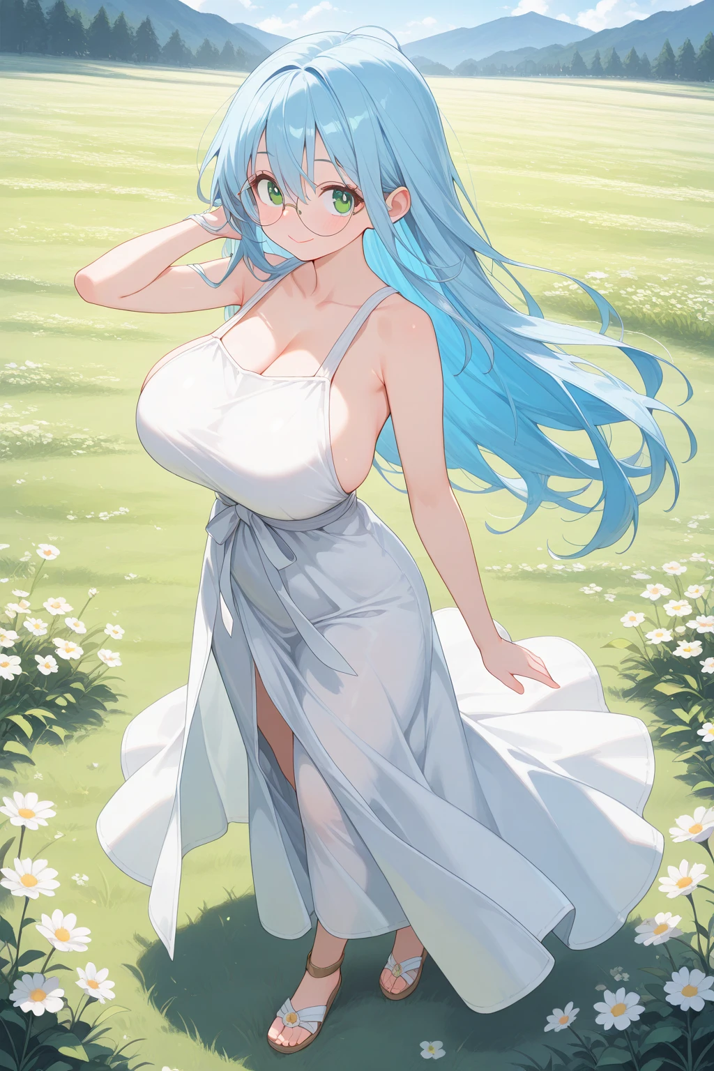(Masterpiece) (High Detail) (High Res) A short petite humanoid girl with skin and blue eyes and long blue hair and blue dog ears and a big fluffy dog tail stood in a forest holding a Pokeball.