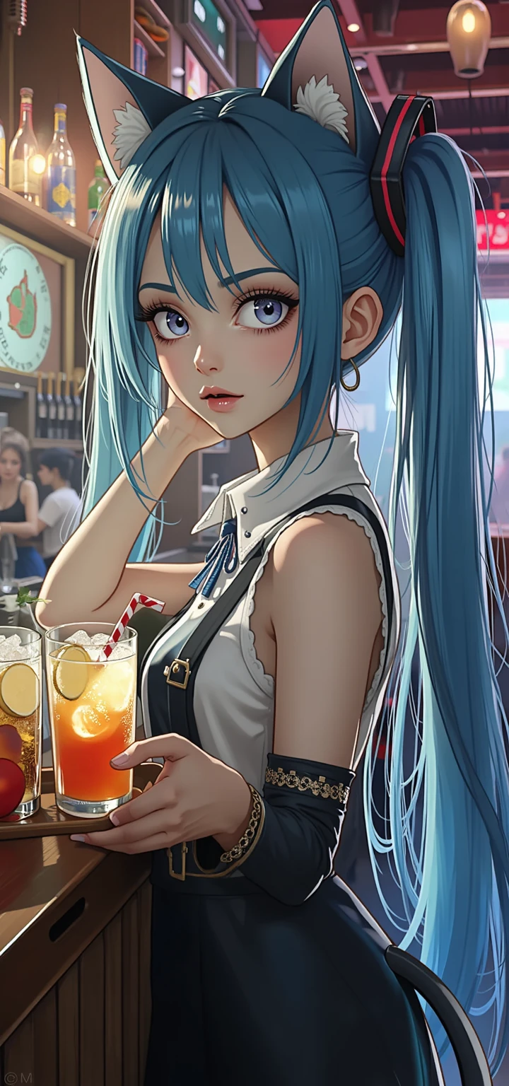 Light blue long hair、Beautiful girl with twin tails、Darts Bar、Having a drink with darts in the background、Darts Bar 、a woman sitting at a bar with a drink and darts in the background, (Anime Girls), attractive Anime Girls, Anime Girls drinks energy drink, At the bar, seductive Anime Girls, High quality anime art style, Anime Girls, I like anime, an Anime Girls, Anime Moe Art Style, beautiful Anime Girls, with a drink, Nightcore, In anime style