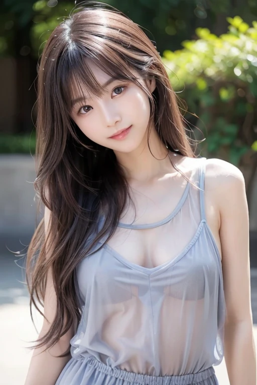In a swirl of color and soft light)), Evoking a soothing tranquility and elusive beauty, Expressing emotions, Have a rich imagination, Cute Japanese Girls, An exceptionally beautiful face, Magical big eyes, A gentle smile, motherhood and tolerance, ((Shiny brown straight long hair)), Beautifully styled super long hair, Beautiful asymmetrical bangs, Hair between the eyes, Transparent and soft skin, Neat, thin eyebrows, double eyelid, Pale pink lips, ((See-through transparent camisole,)), Perfect clavicle in high definition, High resolution beautiful chest, Slender body with ample breasts, Beautiful thighs in high resolution, Soft sunlight, Professional Lighting, Professional Photographer, Professional Model,Mysterious