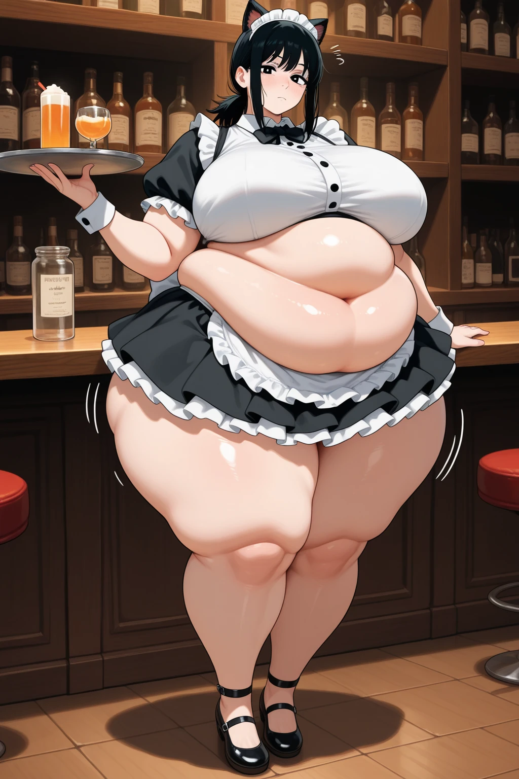 (masterpiece, best quality:1.4), illustration, 8k, hd, 1girl, solo, elegant_long_hair, white_hair, dress, white_thighhighs, no underwear, short_sleeves, frills, apron, brown_eyes, cleavage, metal_collar, anchor_choker, maid, white maid, ((big breast, glasses, smug, hand on glasses)), (restaurant, maid cafe) bloated belly