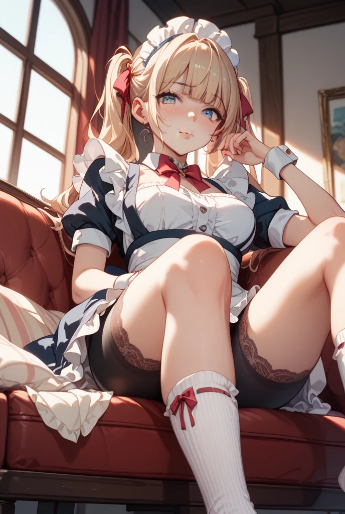 1girl, blonde hair, bob haircut, red eyes, almond-shaped eyes, volume red lips, smiling, above average breast, little over average hips, asian high school girl in school uniform, wearing over knees stocking, wearing short skirt, below skirt point of view, visible panties, black panties, 8k HD, dinamic lighting