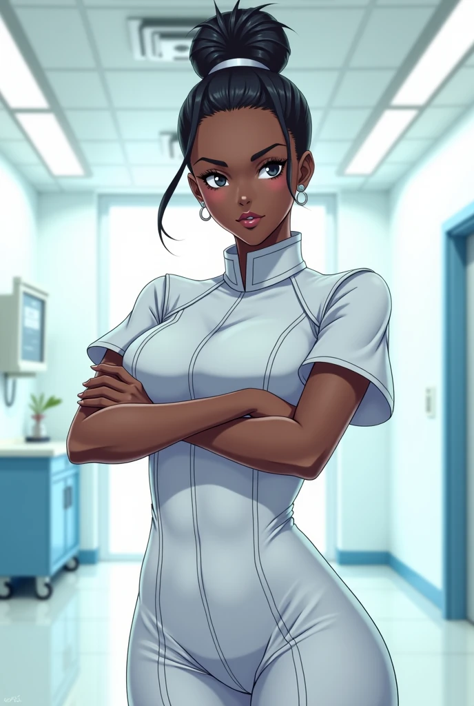 ((black skin:1.3)), (((twilek))), facial markings, standing, dynamic pose, medium breasts, detailed face and eyes, upper body, detailed background, highly detailed, best quality, high resolution, 4k, cinematic lighting, seductive smile, (scifi nurse:1.2), hospital surroundings, gloves, (modest white nurse outfit:1.3), thighhighs, red-cross hat TronFashion