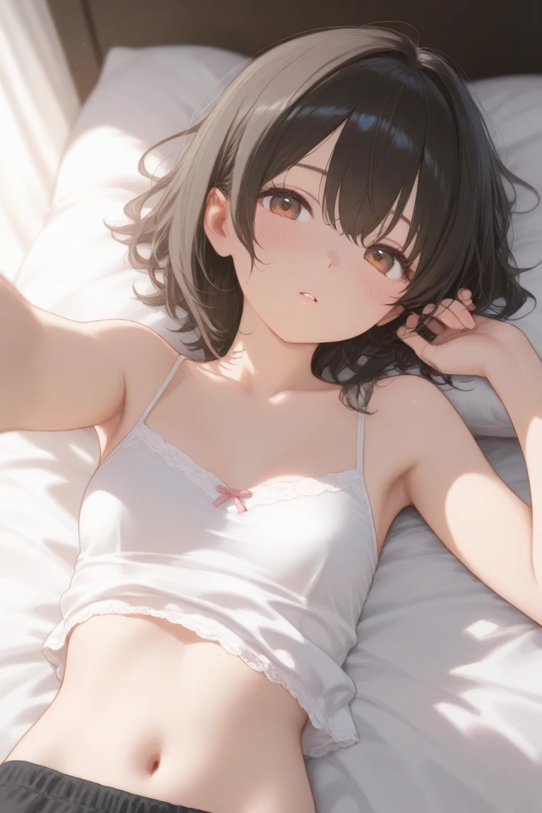 Highest quality、Best image quality、masterpiece、Anime Style、a girl、Beautiful Eyes、black hair, purple eyes、Short bob cut、(sideburns), middle part, (flat chest)、slender、Tight waist、Round Glasses、Beautiful Face、Embarrassed, red cheek, Pink underwear, Good, string panties, cowboy shot, from above, lying on back, On the bed、Cover your chest with your hands、In a white-themed room、