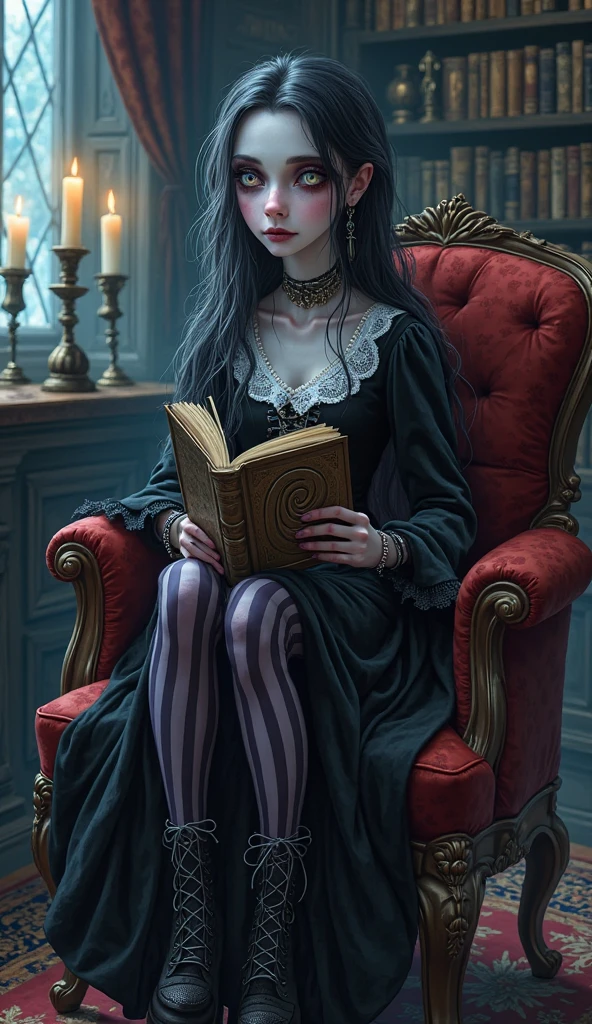 Oil painting of a young woman with long hair blue velvet dress,Sitting in a high chair with a backrest reading a large biochemical book in a Templar library, lighting dramatic , Sombras profundas, classic color palette, Ultra Detalhado, elegante, belas artes, Evocativa, Expressionismo abstrato