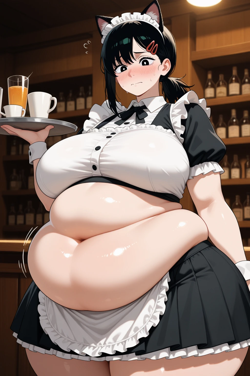 (masterpiece, best quality:1.4), illustration, 8k, hd, 1girl, solo, twin tails_hair, black_hair, dress, black_thighhighs, no underwear, short_sleeves, frills, apron, grey_eyes, cleavage, metal_collar, anchor_choker, maid, white maid, ((big breast, goth girl, piercing, black lips, black eyelashes, sarcastic, big belly, massive belly)), (restaurant, maid cafe)