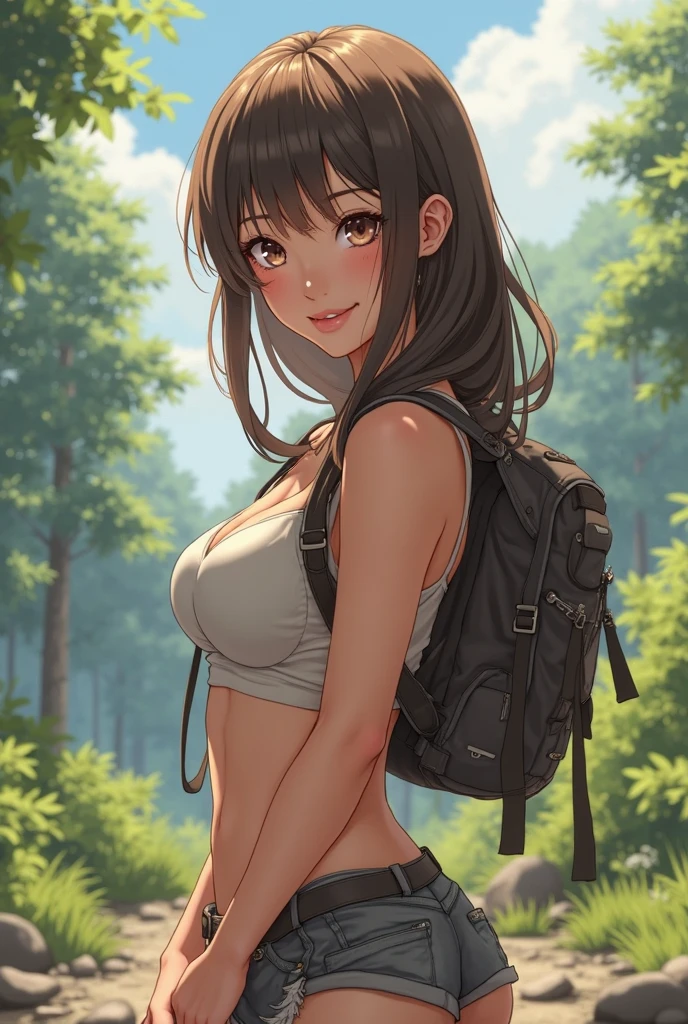 Hot girl. Mountain. Forest. Hiking. Croptop. Shorts. Sweaty. Tired. Smile. Backpack. Sweaty shirt. Wet shirt. Nipples.