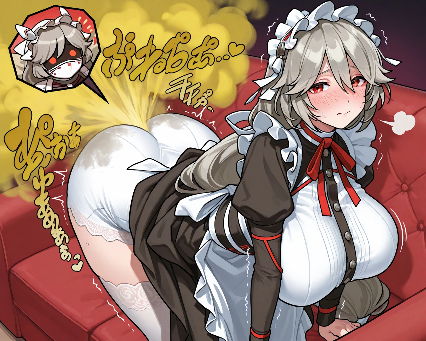 1girl, aegir \(azur lane\), azur lane \\\\\ masterpiece, best quality, very aesthetic, absurdres, newest \\\\\\ sportive body, \\\\\\ by nyantcha,,by cutesexyrobutts,by khyle ///// white hair with a single prominent red streak, black horns, yellow eyes, , white (nurse outfit:1.2), skirt, , white pencil skirt, nurse cap, , , a red cross on the cap,, , horny smile,pov, , cowgirl position.below view, ,pillow lying in a cot, , speech bubble.Kneeling, pillow's pov, pillow between her legs