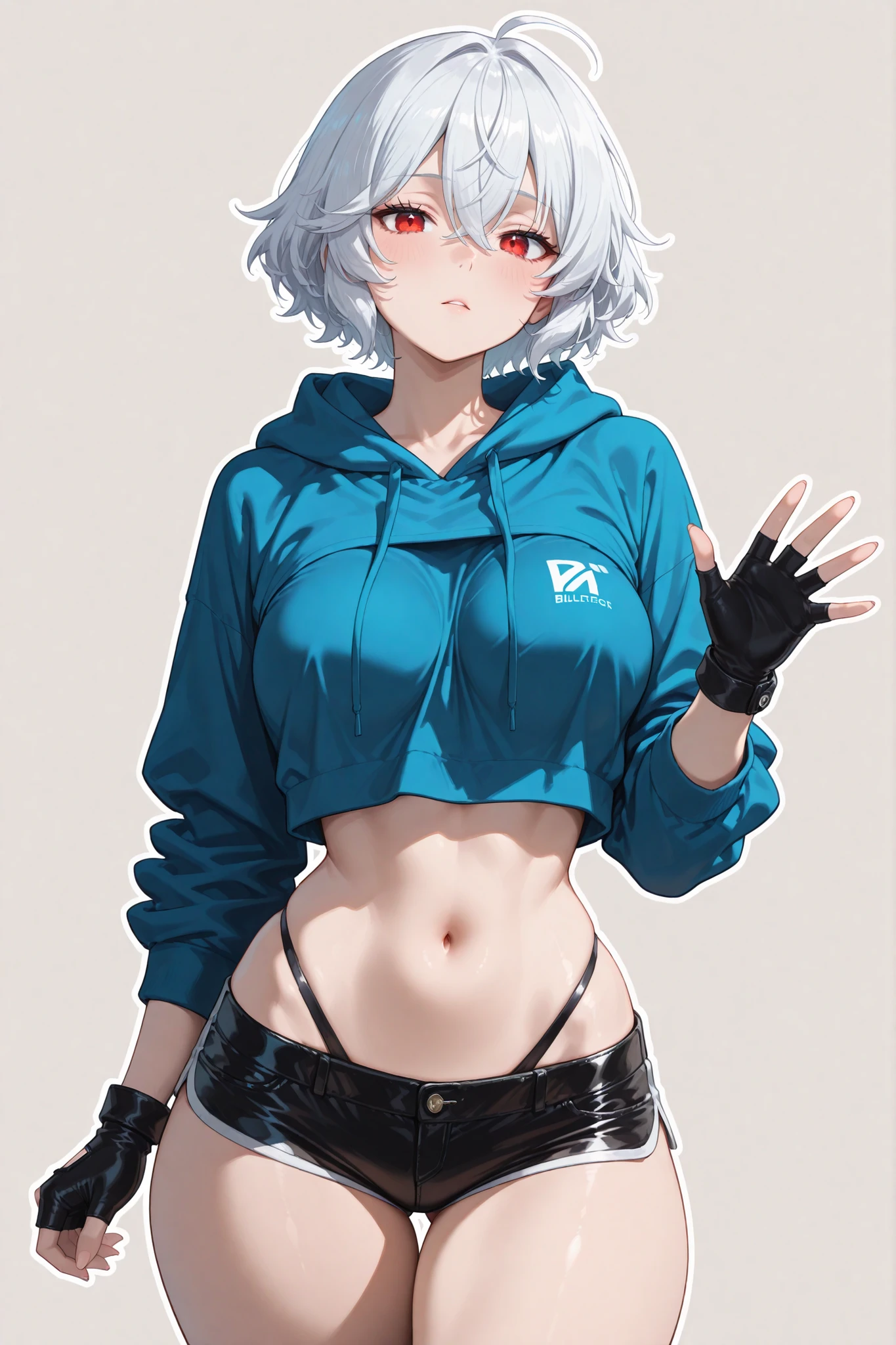 ((Portrait)), She has an Athletic Appearance, with Adult Charm, Fair Skin and a Muscular Build. She Expresses a Proud and Smug Look, Giving Off a Self-Confident Attitude. She has Black Eyes, Her Hair is Short and Tousled, Dark Blue Gradient, with Uneven Strands Falling Around Her Face. She Wears an Oversized, Open Bomber-Style Jacket with a High-Neck Crop Top, Revealing Her Midriff. ((Portrait, HDR, Dark Background))