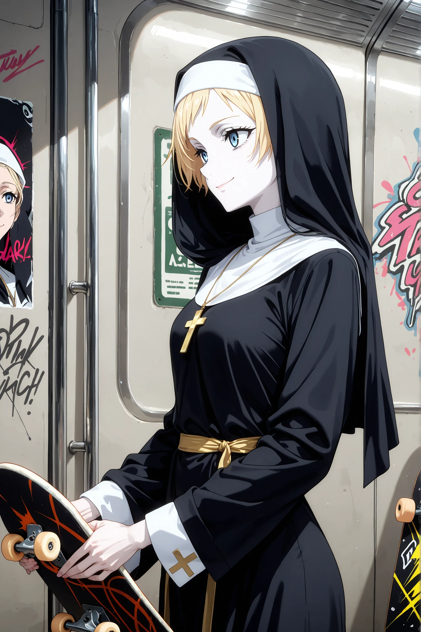 1 girl,solo,beautiful girl,adult,18 years old,blonde hair,very short hair,blue eyes,pale skin,skinny,masterpiece,general,highres, ultra-detailed,very aesthetic,best quality ,best hands,best eyes,perfect anatomy,anime coloring,easynegative,BREAK,nun,christians,nun's black robe,BREAK,holding,skateboard,basketball,subway,graffiti,smile,from side,