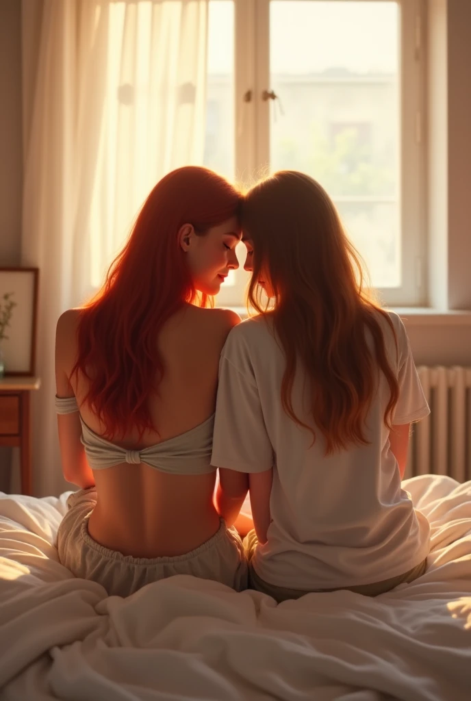 Realistic photo from above of three slim pretty 1 Caucasian women, spooning each other on a bed. One woman has short light-brown hair; another woman has short dark hair; the other has short red hair. They are wearing unbuttoned white shirts. They are wearing dark-grey pleated . The lighting is bright. 