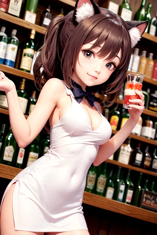 (Official Art、Highest quality、Unity 8k wallpaper、32k、masterpiece、Super detailed、Ultra-high resolution、Real、Photorealistic:1.2)、(Cinema Lighting:1.2)、Fire Glow Effect、Film Grain、Best Shadows、Rim Light、Side Light、(Highly detailed and complex 3D rendering)、細部までBeautiful Faceと目、Slender、Medium bust、(whole body:1.2)、Highly detailed background、(Highly detailed skin、Detailed skin texture:1.3)、(bar counter、Over the counter:1.4)、Nemo、Brown eyes、Black Hair、ponytail、White skin、前髪に緑のメッシュが入ったBlack Hairponytail、Glowing Skin、Beautiful Face、Pink Playboy Bunny Girl、 leotard、A bow tie、cuff、Wearing fishnet stockings、Pink rabbit ears、Riding on a rabbit's tail、、、Drink alcohol、With a cheerful smile、From the bottom angle、