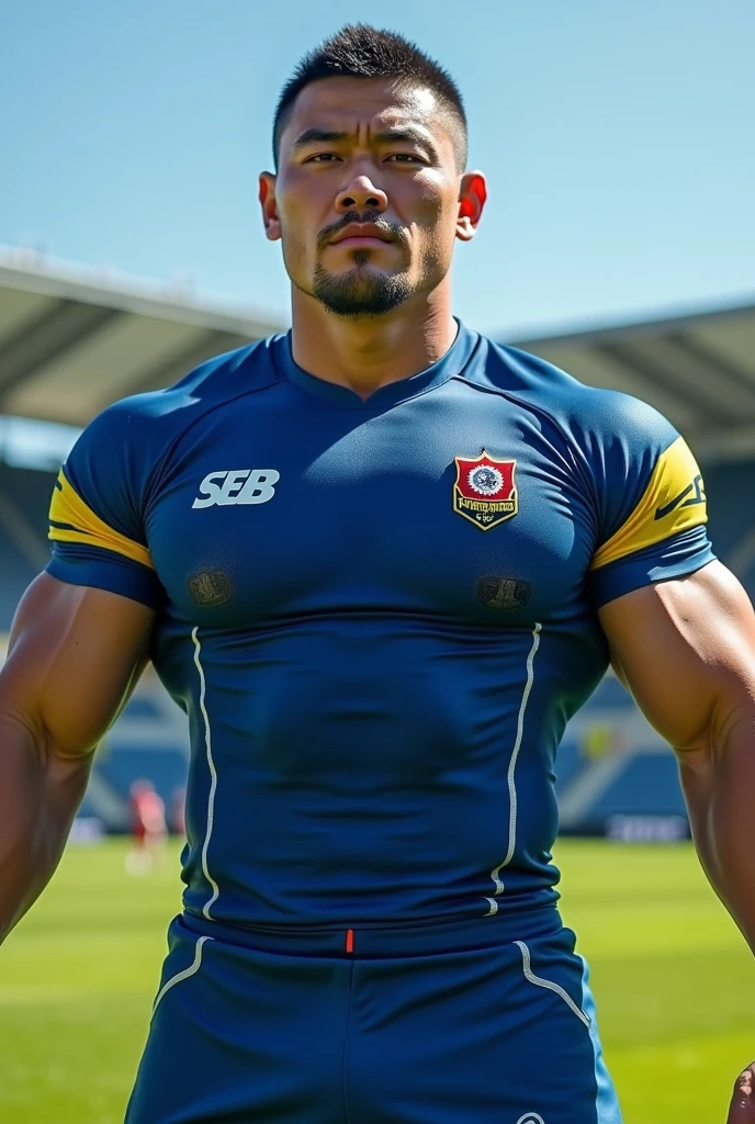 Male, handsome, young, (((gigantic pecs:1.3))), ((tight shirt:1.2)), soccer player, cheerful face