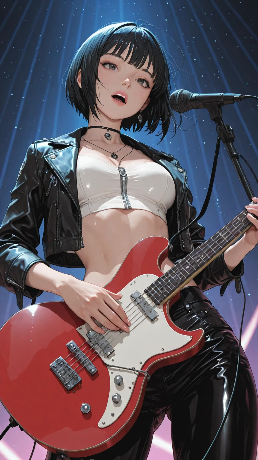 masterpiece, best quality, ultra-detailed, illustration, an extremely delicate and beautiful,high resolution, ultra-detailed,,perfect face,slender perfect body, Tight belly,Toned buttocks,Constricted waist,,(girl plays the guitar:1.7), (black skin:1.3),15yo,(yellow hair),(braided hair),(blazer uniform:1.3),(big smile),(open shirt:1.2),(tattoo on thigh:1.3),(very short hair), shy daughter, short stature,(rock and roll star:1.3),(big breasts),(on a luxurious stage), (band girl),((very wide shot )),( sweaty skin:1.2),(low view:1.5),(spread legs:1.3),(show off panties)