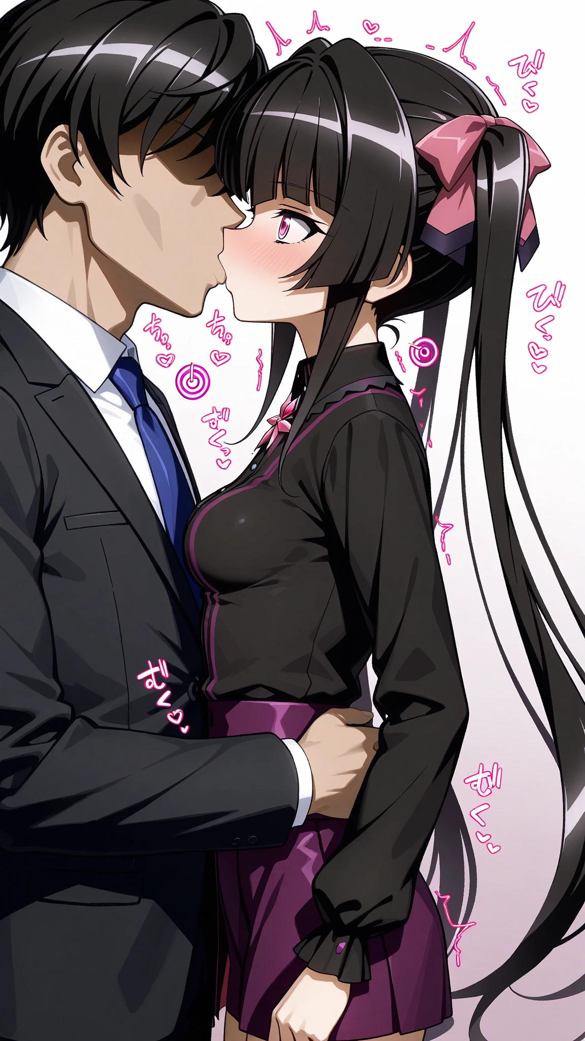 , 1girl, 1boy, standing, against wall, vaginal, kanao tsuyuri (demon slayer), purple eyes, black hair, butterfly hair ornament, ponytail, demon slayer corps uniform,, side view