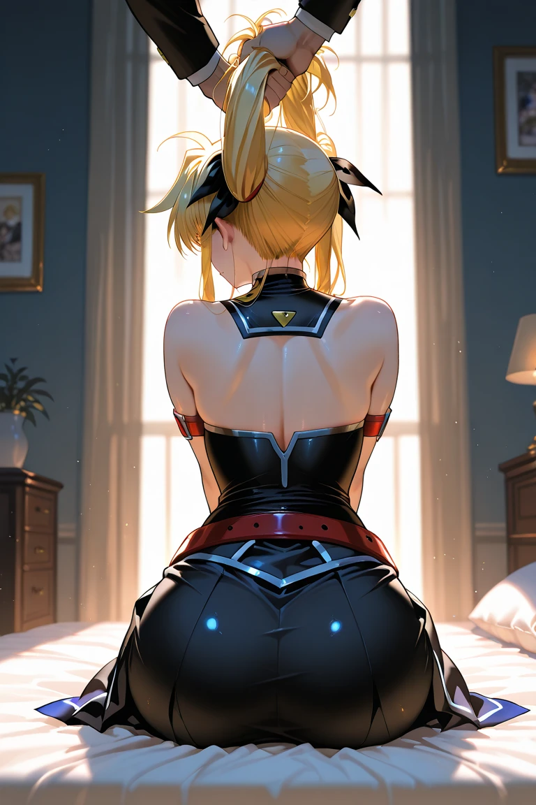 masterpiece, ultra high quality CG, best quality, perfect picture, solo, lidia sobieska (tekken, blonde hair with high ponytail, blue eyes, red hairbow, strong), wearing a sexy karate outfit, photo from behind, on all fours in bed, perfect ass, european mansion