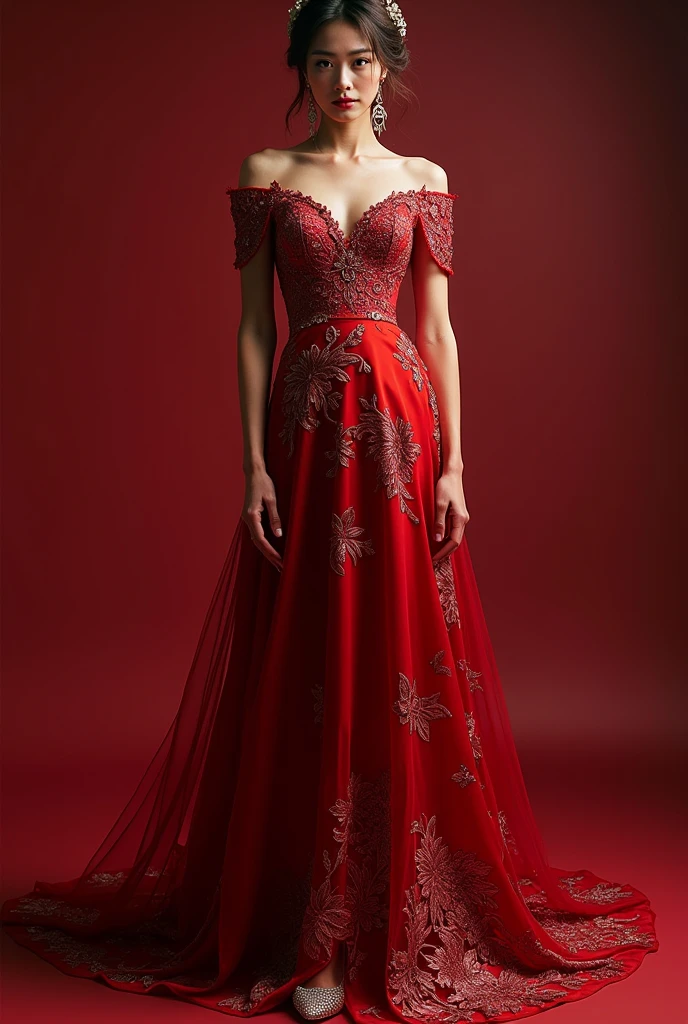 long red dress, with half sleeve, low neckline, Princess Style, com glitter na saia