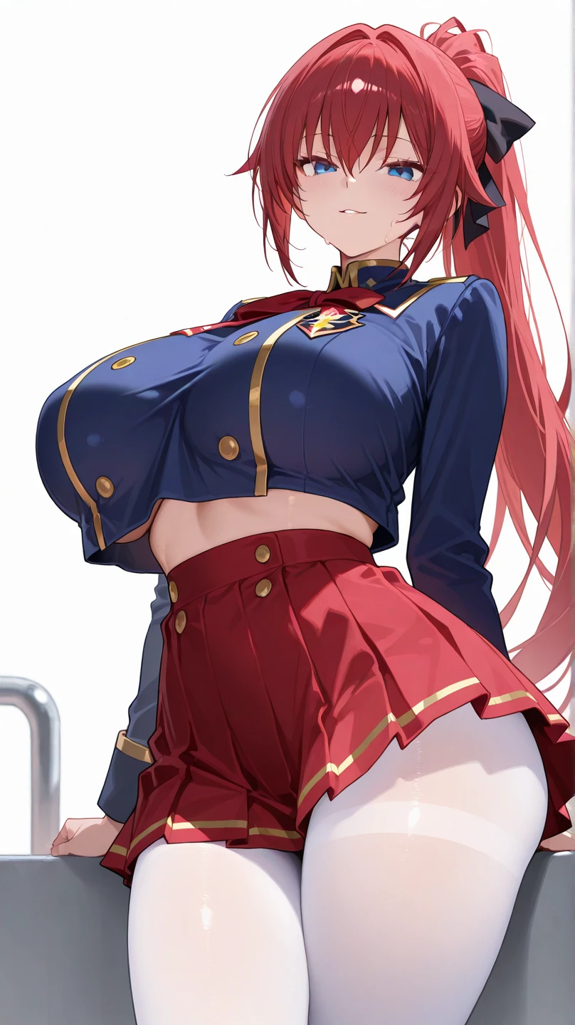 My name is Hikaru, I am a white test doll with long red hair and black eyes. I am 1.60 cm tall and weigh 56 kg. My breast sizes are 300 cm, my waist is 60 cm and my hips are 200 cm. Dressed in a long blue jacket and a garter belt along with a black thong. With big breasts 310 cm . 