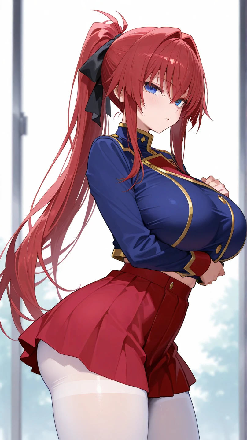 masterpiece, best quality, 1girl, standing, full body, red hair, blue eyes, (qipao:1.2), (blue chinese dress:1.2), (gigantic breasts:1.2),(wide hips:1.2),(thick thighs:1.2), black panties, black underwear ,smile,thighhighs,(blush:1.2),indoors,choker, slender waist, fox girl, fox ears, long hair, ponytail, long qipao, skintight qipao, (fully clothed:1.2) <lora:blastbeat-Style-000042:1>