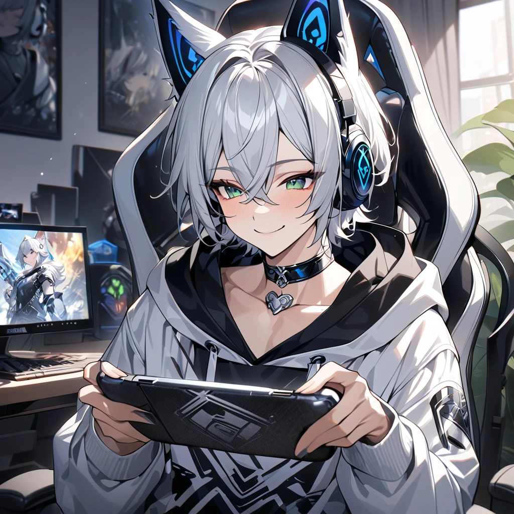 ((Drill out of the screen)),cat_boy,1boy,split color kimono,[(white kimono:1)|(black kimono:1.2)|(red lapel:0.7)],(animal ears),white hair, short hair with single long lock,ahoge,yellow eyes,slit pupils, dot nose,closed mouth,playing games, video game, indoors, confused, room, growling, monitor, masterpiece, best quality, highres, nice hands, perfect hands,;),wink,teasing smile,blush