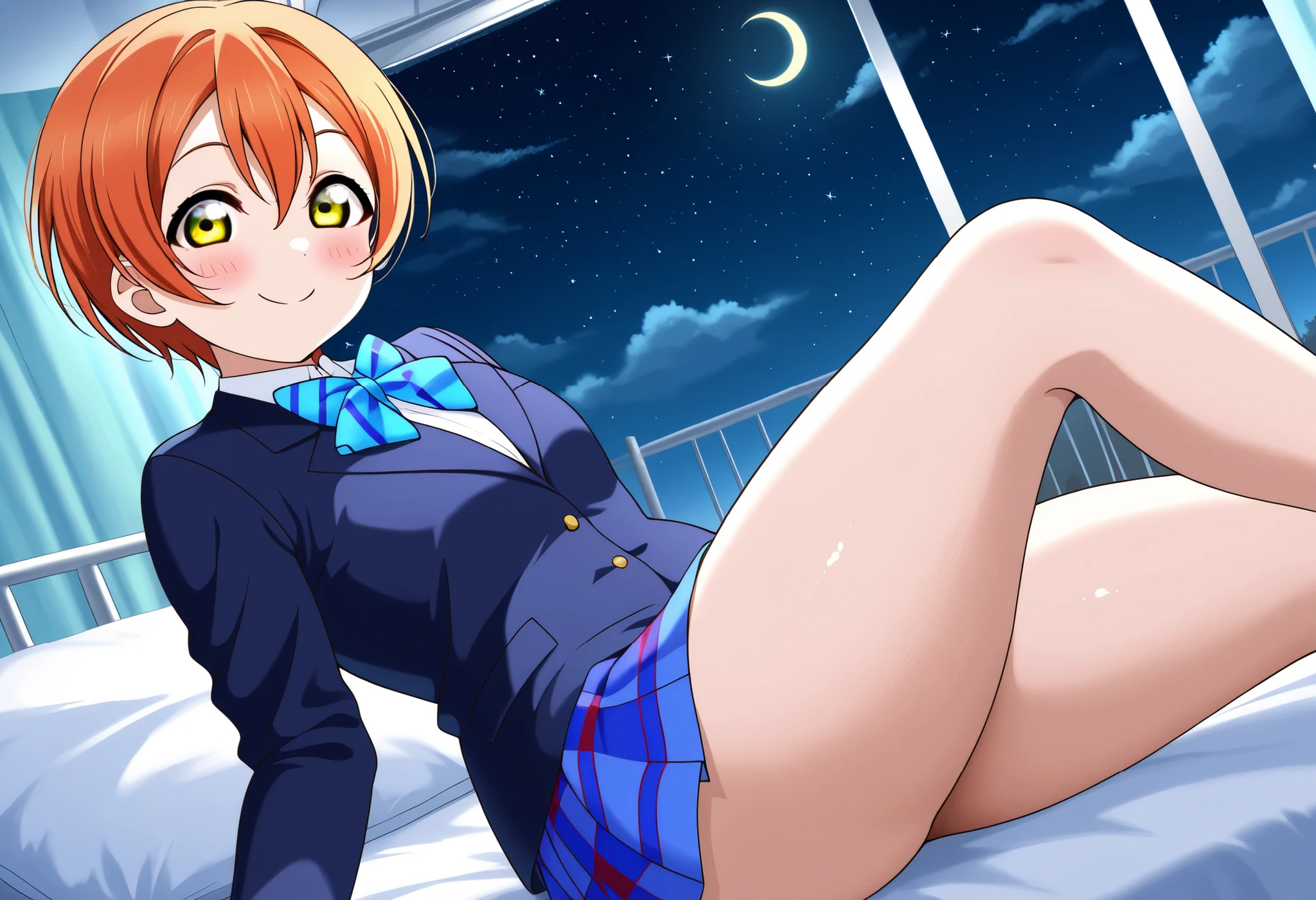 1girl, hoshizora rin, striped, short hair, blush, otonokizaka school uniform, lovelive_rin black blazer, blue plaid skirt, blue stripe bowtie, orange hair, very short hair, hair between eyes, yellow green eyes,smile,thick thighs,knee up,crescent moon, stars (sky),looking at viewer,bed,screen,solo,infirmary,crescent moon, star (sky), cumulonimbus cloud, dark background, knee up,