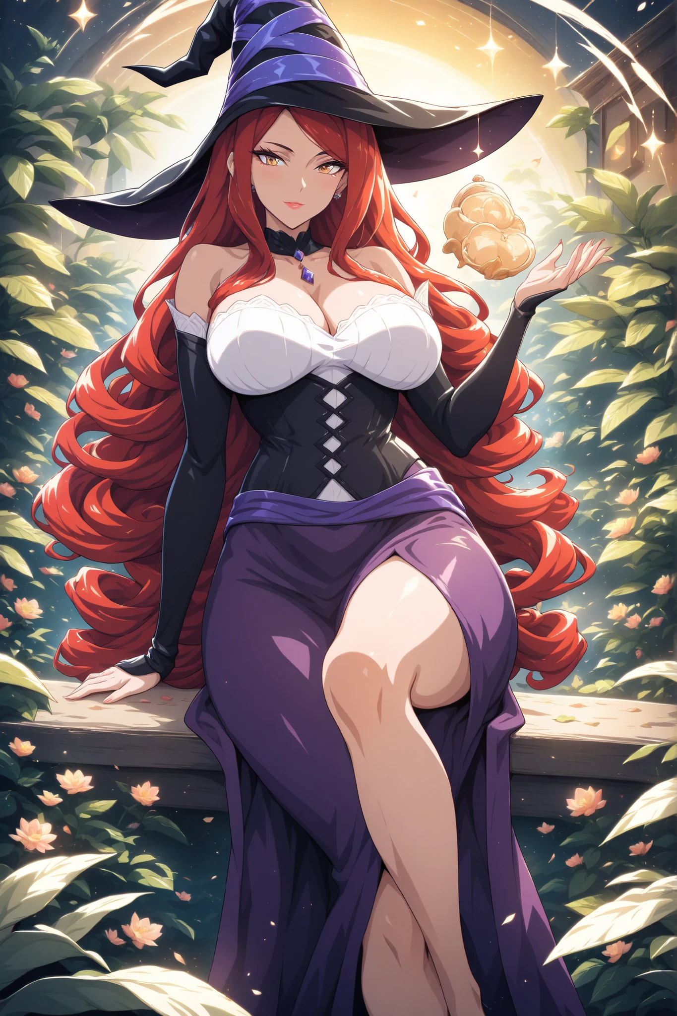 Dragon's Crown、pin up、magician's crown、witchの帽子、redhead、big tits milf、big tits milf、big tits milf、、disorganizedな長髪、cleavage、brown eyes、wide hips、thick thighs、clavicle、lips、bare shoulders、strapless、Detached sleeve、dress、straplessdress、side slit、staff、foot、smile、skull、filmography hat、magic、witch、Book、(disorganized、High resolution、信じられないほどdisorganized:1.4)、landscape、masterpiece、