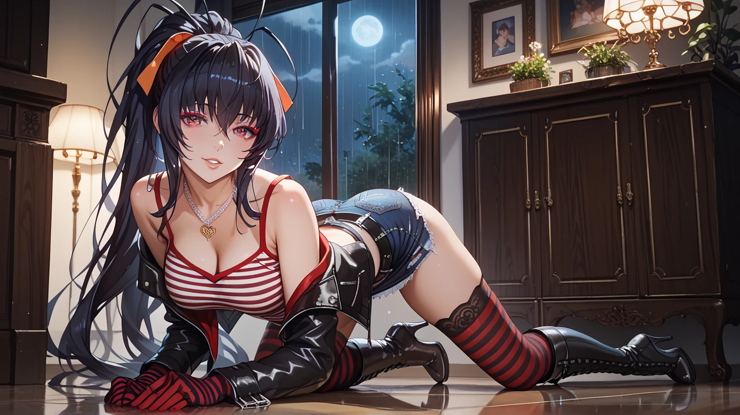 gym storeroom, Koneko Toujou (DXD), 1girl, white cat ears, (classic uniform), white cat tail, school hallway, red skirt, small breasts, black ribbon,, masterpiece, best quality, highly detailed