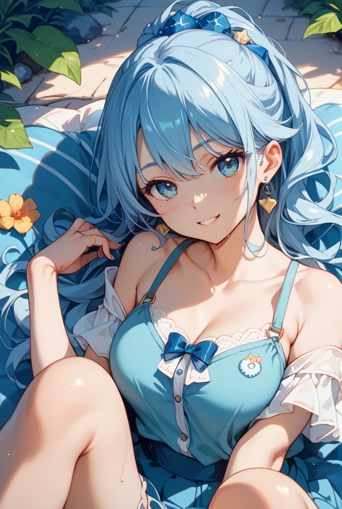 最high quality、Best image quality、masterpiece、With a girl((cute、15 years old、Best Bust、Medium Bust、Bust 85,Beautiful Blue Eyes、Spread your chest wide,Blonde lointail、Slender、The best valley、、Blue sleeveless shirt、White shorts,Show the whole body、Blue Mesh,Leaning forward greatly、Blue hat、Blue flower hair ornament,Face Paint,smile)）high quality、Beautiful art、background((summertime、White table、White chair、shaved ice、)),Tabletop、Exquisite design、Visual Arts、Depth of written boundary、Best lighting、Highest detail、8ｋ