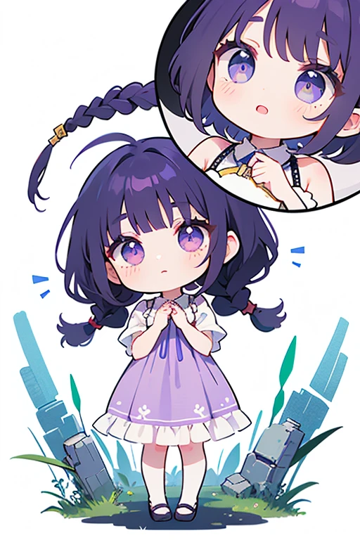 <lora:hotarueye_whiteeye9_v100:1>, 1girl, (chibi:1.4), smile, closed mouth, dynamic angle, standing, , purple hair, outdoor