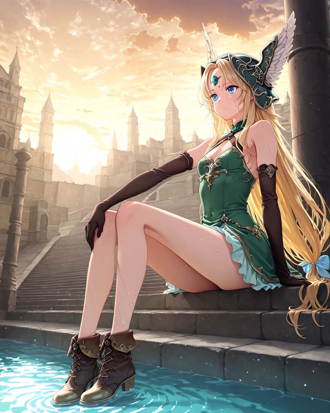 Elf woman with long hair, blue dress, castle Blonde hair and blue eyes